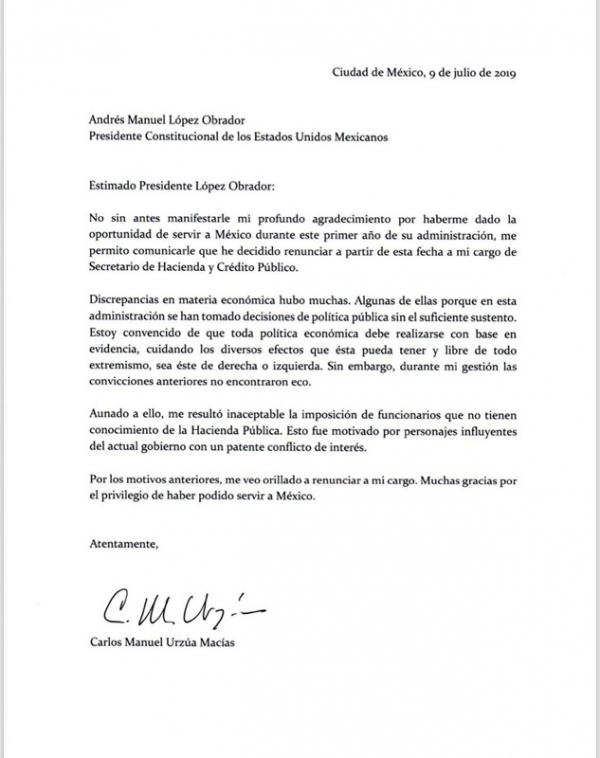 Renunció el Secretario de Hacienda, Carlos Urzúa