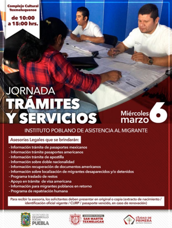 Gobierno del Estado y Ayuntamiento de Texmelucan promueven servicios migratorios