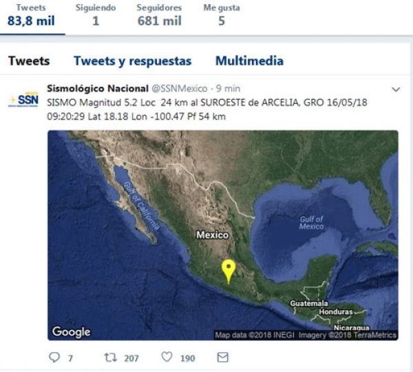 Se registra sismo en Arcelia, Guerrero