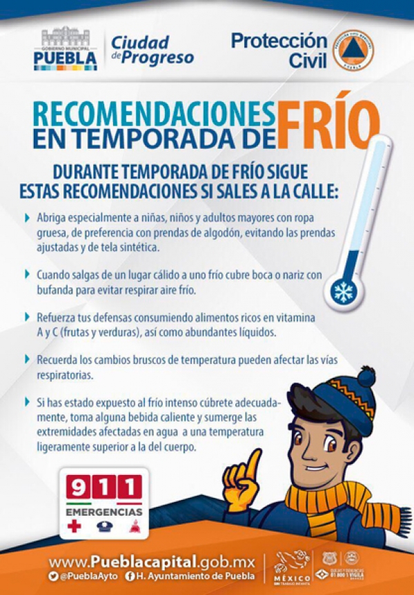 Ayuntamiento de Puebla reitera recomendaciones ante el descenso de temperatura