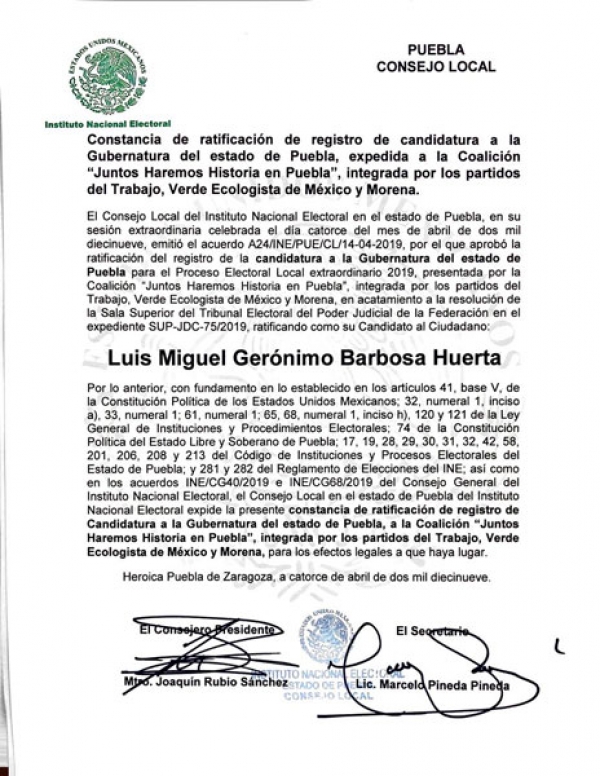 INE ratifica a Barbosa como candidato