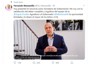 Fernando Manzanilla renuncia al gabinete de Barbosa.