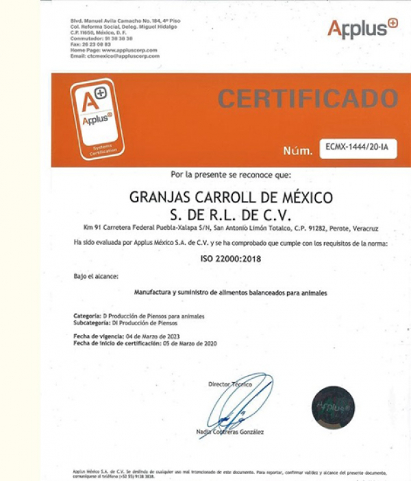 Recibe Granjas Carroll certificación internacional en su Planta de Alimentos