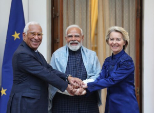 Ant&oacute;nio Costa, presidente del Consejo Europeo | Narendra Modi, primer Ministro de India | Ursula von der Leyen, presidenta de la Comisi&oacute;n Europea