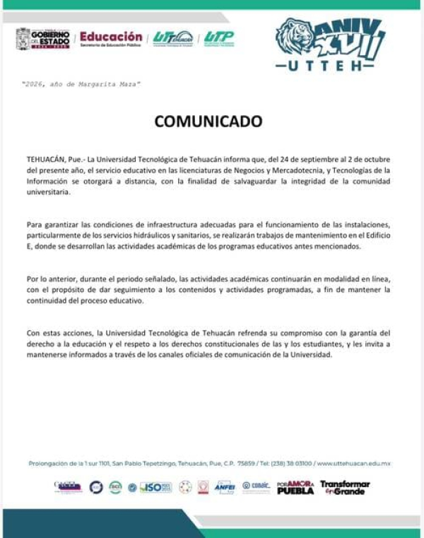 UTT impartirá clases a distancia por seguridad estudiantil