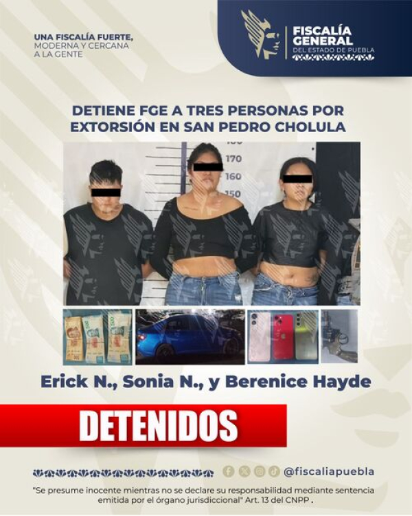 Detienen a presuntos extorsionadores en Cholula