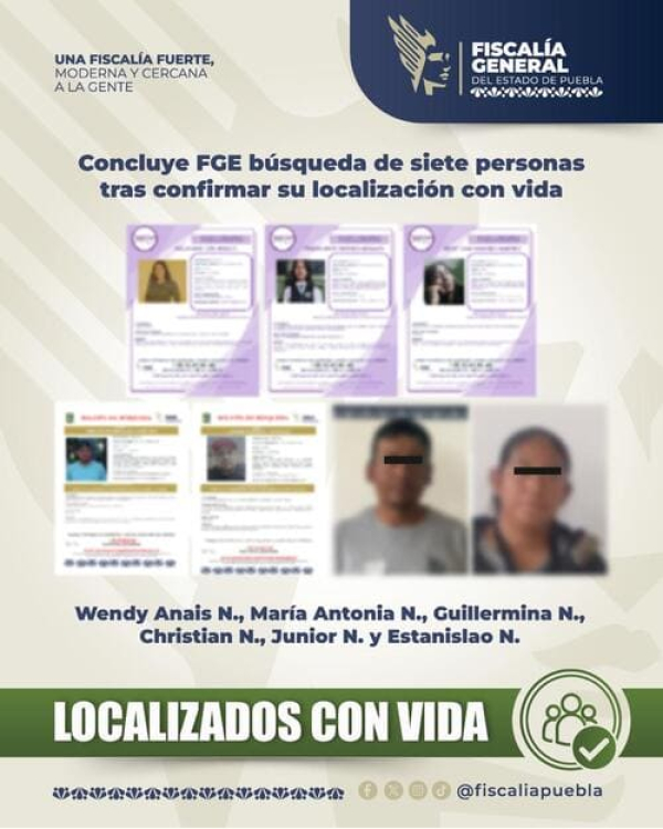 FGE Puebla localiza a siete personas buscadas