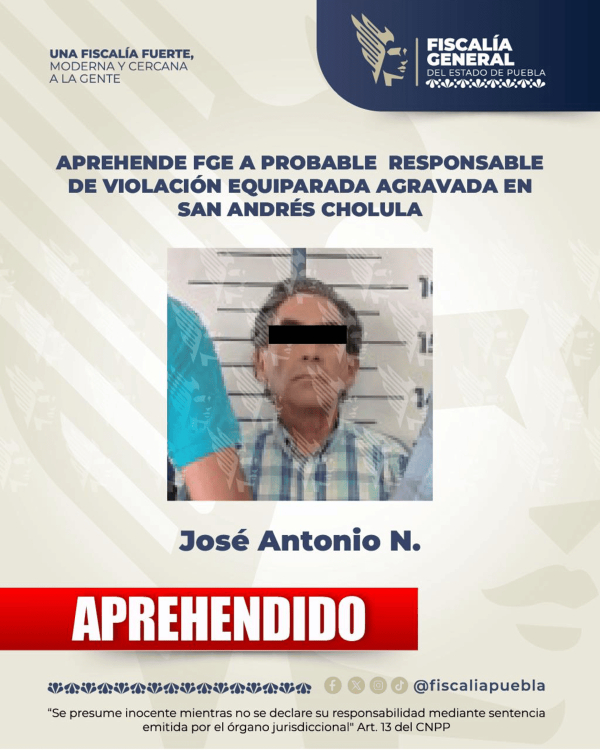 FGE Puebla detiene a José Antonio Marcelino N.