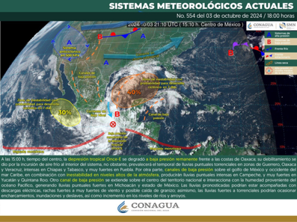 El fenómeno &quot;Once-E&quot; ocasionará lluvias fuertes en Puebla