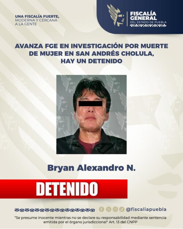 Cae Bryan N., presunto feminicida de Cholula