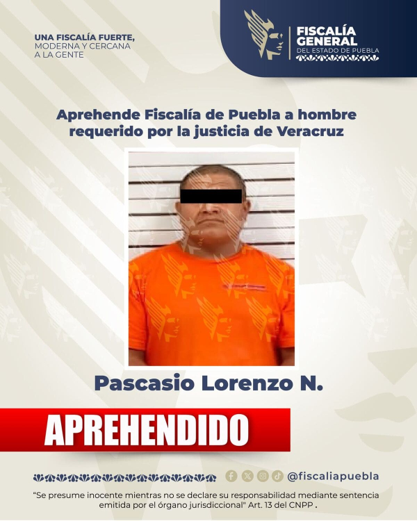 Fiscalía detienen a Lorenzo N. en Puebla