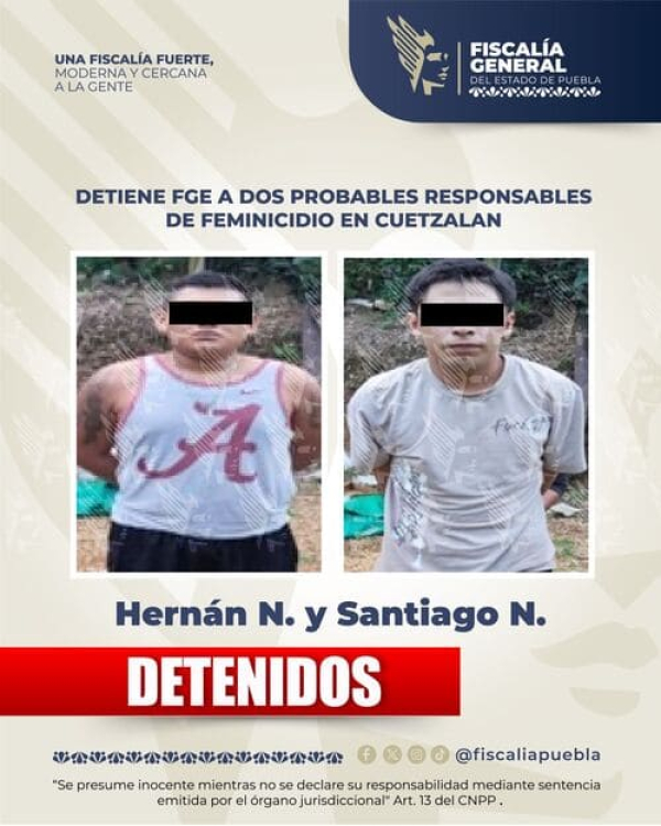 FGE Puebla captura a dos hombres por feminicidio en Cuetzalan
