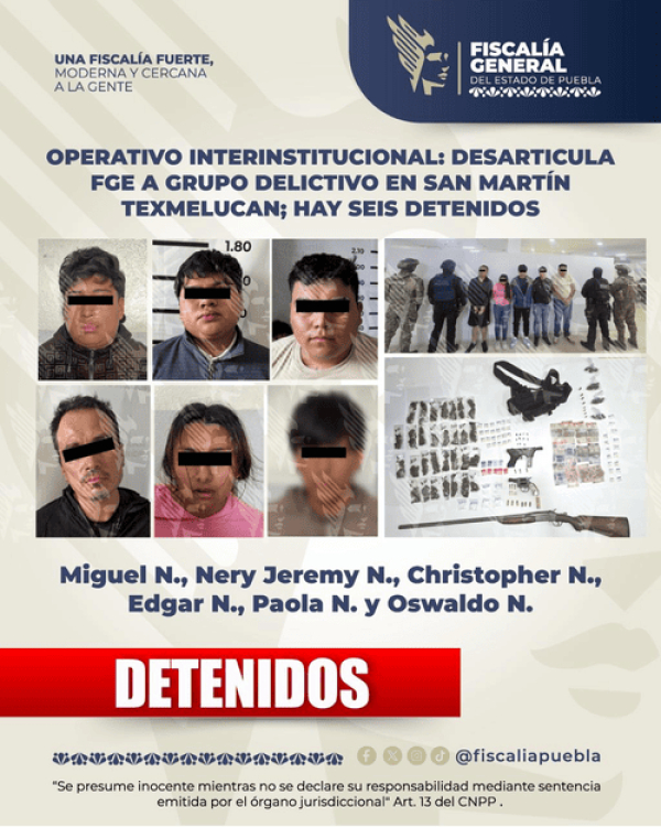 FGE Puebla detiene a seis personas en Texmelucan