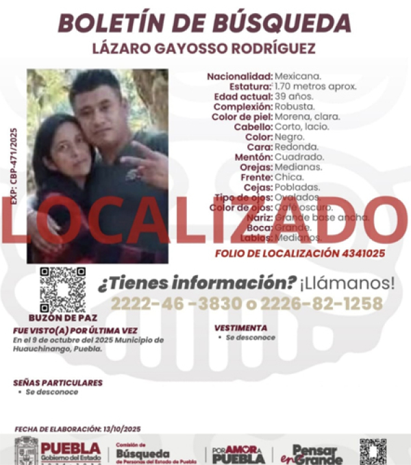 Comisión de Búsqueda localiza sin vida a Lázaro Gayoso Rodríguez