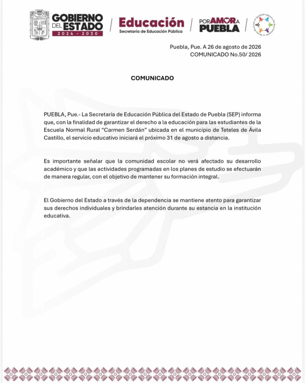 SEP anuncia clases a distancia en Normal de Teteles