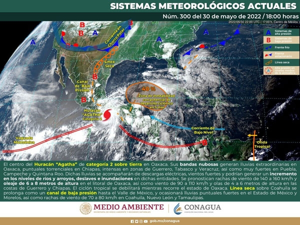 Mañana permanecerán las lluvias significativas en Campeche, Chiapas, Oaxaca, Guerrero.