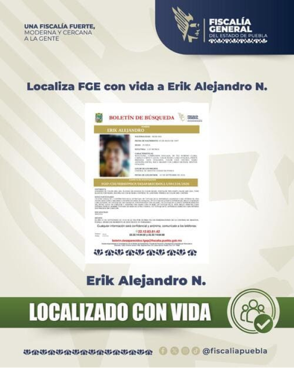 FGE Puebla localiza con vida a Erik Alejandro N.