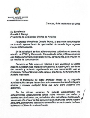 Carta del gobierno de Venezuela a Estados Unidos